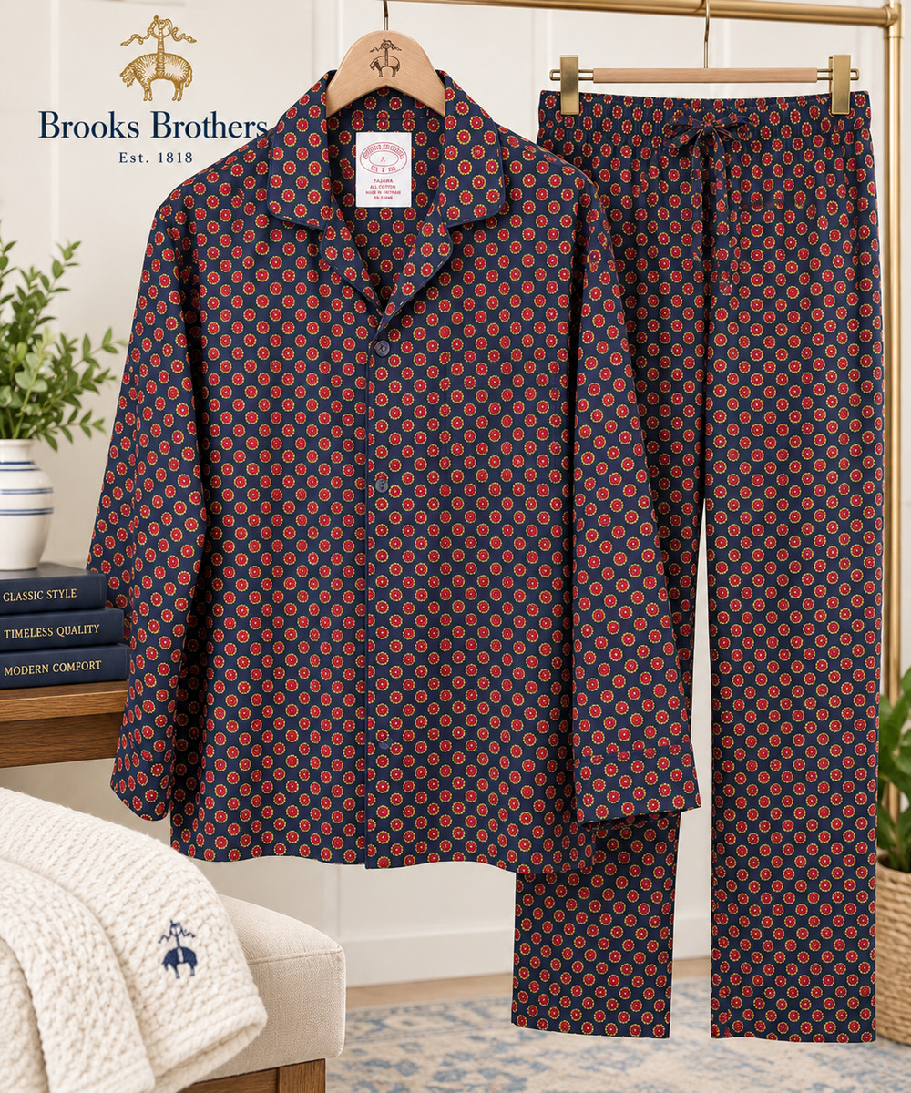 Brooks Brothers Men's Pajama Set Large L 100% Cotton Navy Medallion Floral Print